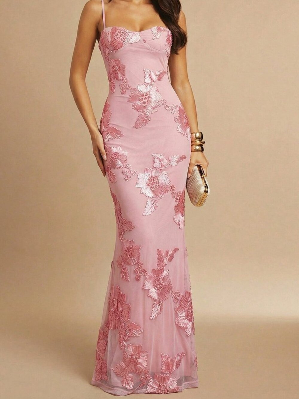 Rose Red Elegant Women's 3D Floral Bodycon Slip Evening Party Dress - Picture 3 of 7